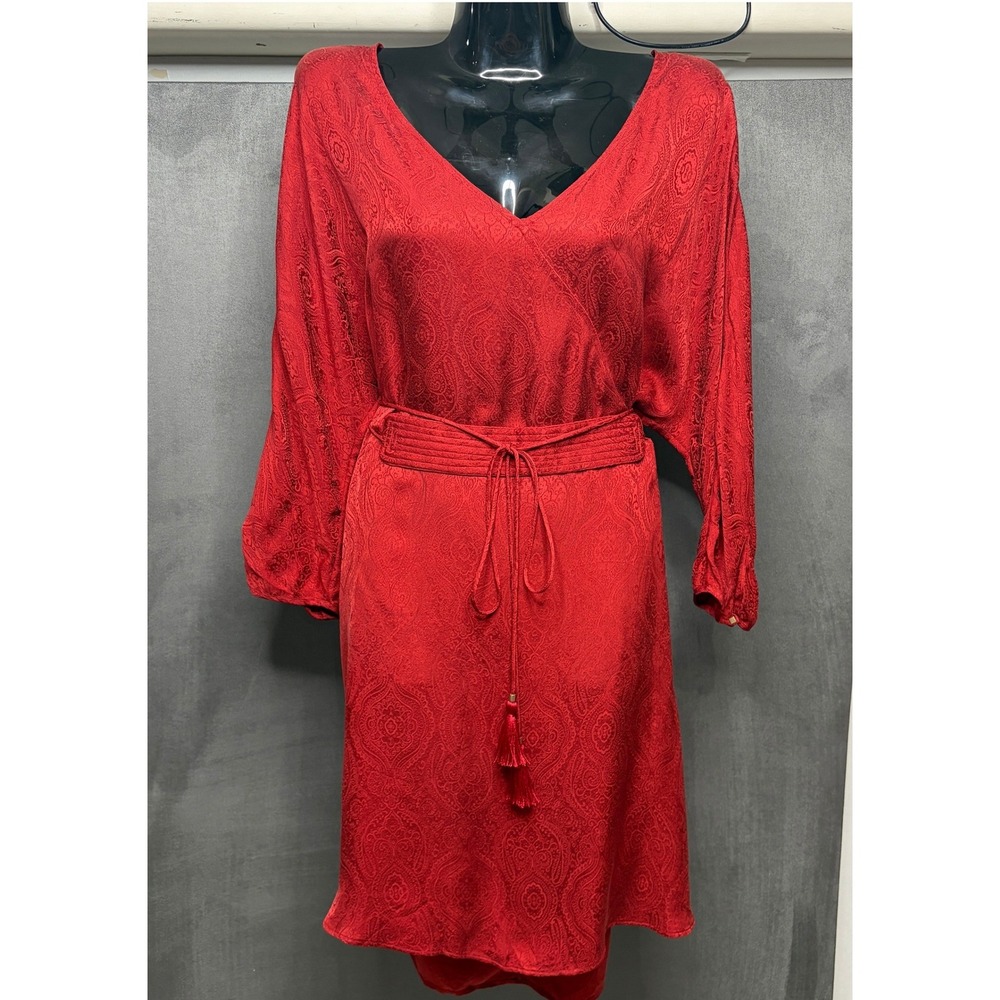 Massimo Dutti Wrap Dress Womens Sz M Rust Paisley Jacquard Tassel Tie Belt Silk